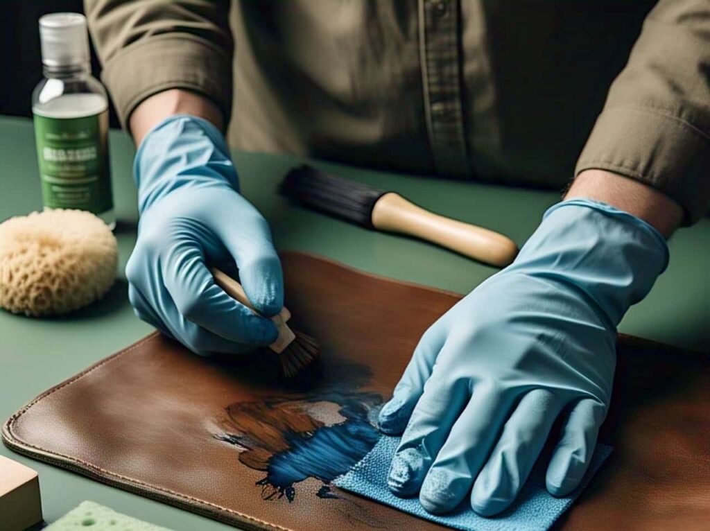 A person is trying to clean stubborn ink marks or stains from leather. Using DIY tools, cleaning the ink stains out from leather.