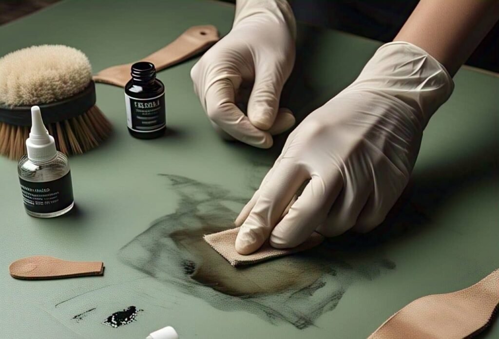 A person is trying to clean medium ink marks or stains from leather. Using DIY tools, cleaning the ink stains out from leather.