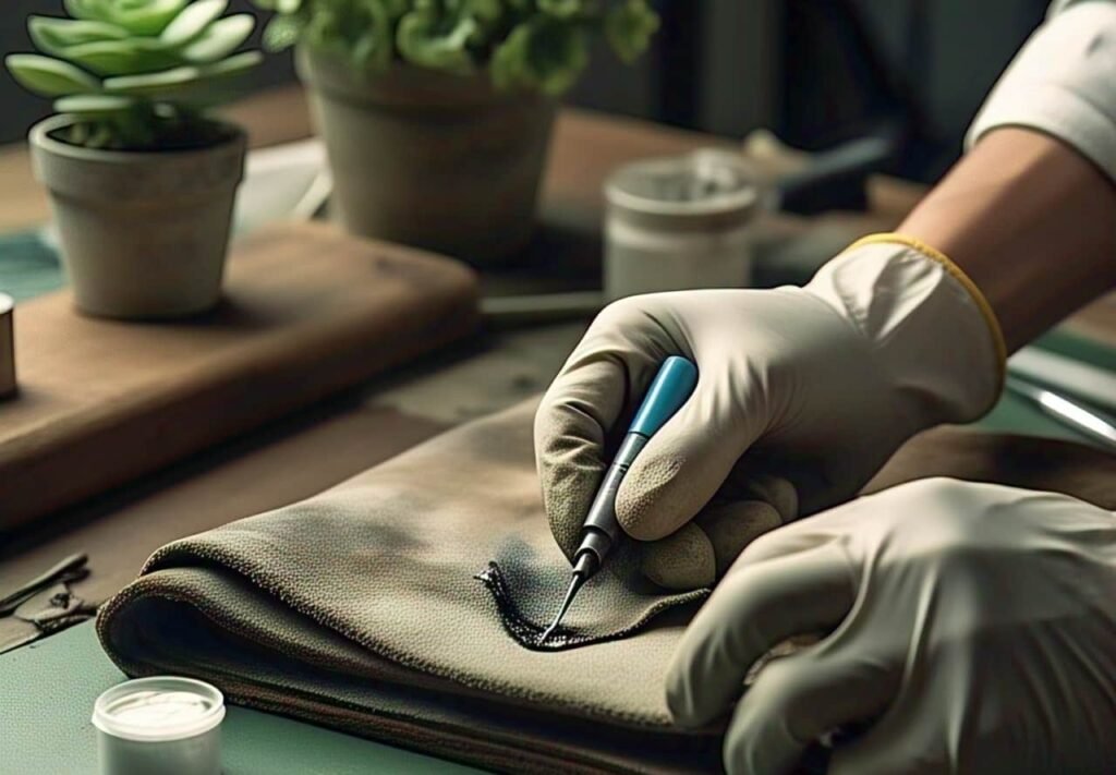 A person is trying to clean small ink marks or stains from leather. Using DIY tools, cleaning the ink stains out from leather.