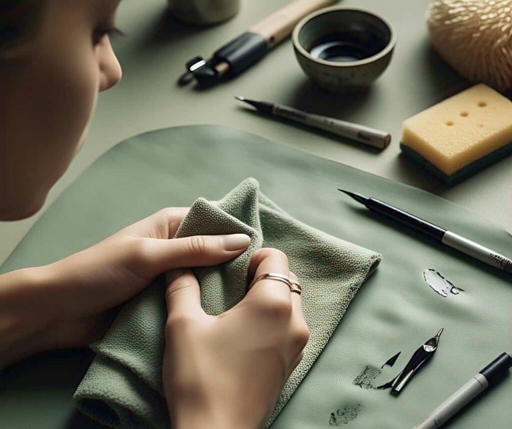 A person is trying to clean small ink marks or stains from coloured vegan leather. Using DIY tools, cleaning the ink stains out from leather.