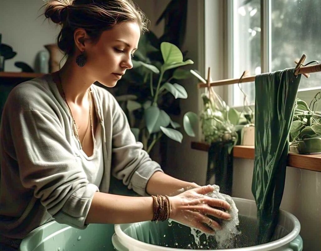 a girl is cleaning leather jackets, shoes, and clothes at home