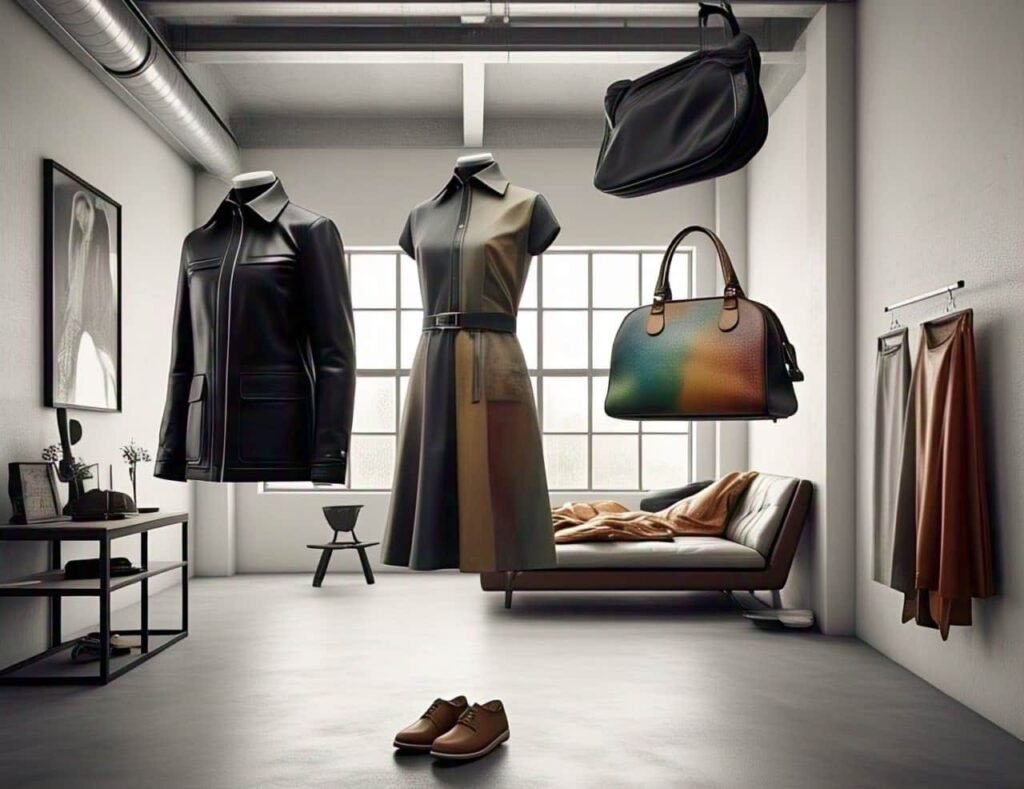 types of leather products like jackets, bags, shoes