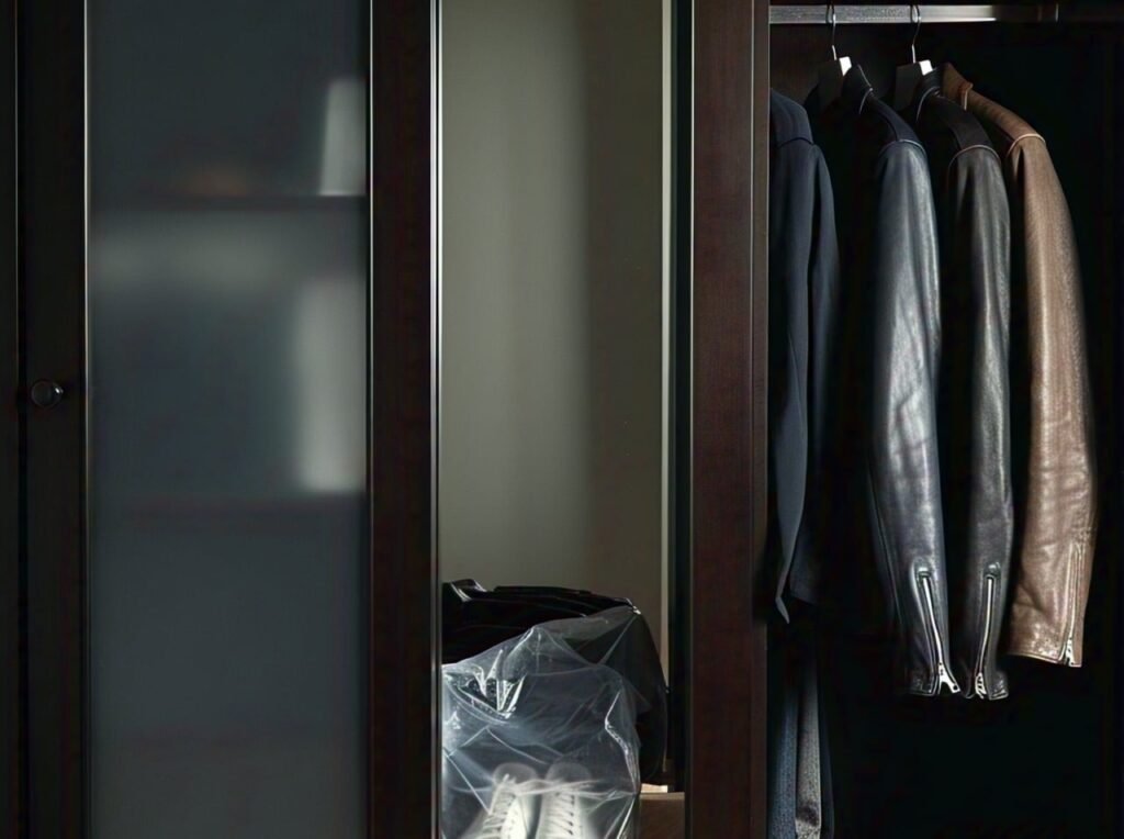 Storing leather jacket properly to avoid dusts and damages.